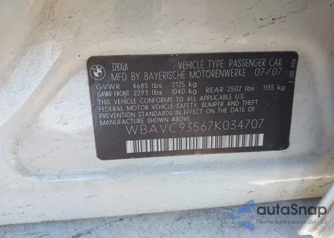 2007 BMW 328Xi z USA, uszkodzony, nr VIN WBAVC93567K034707